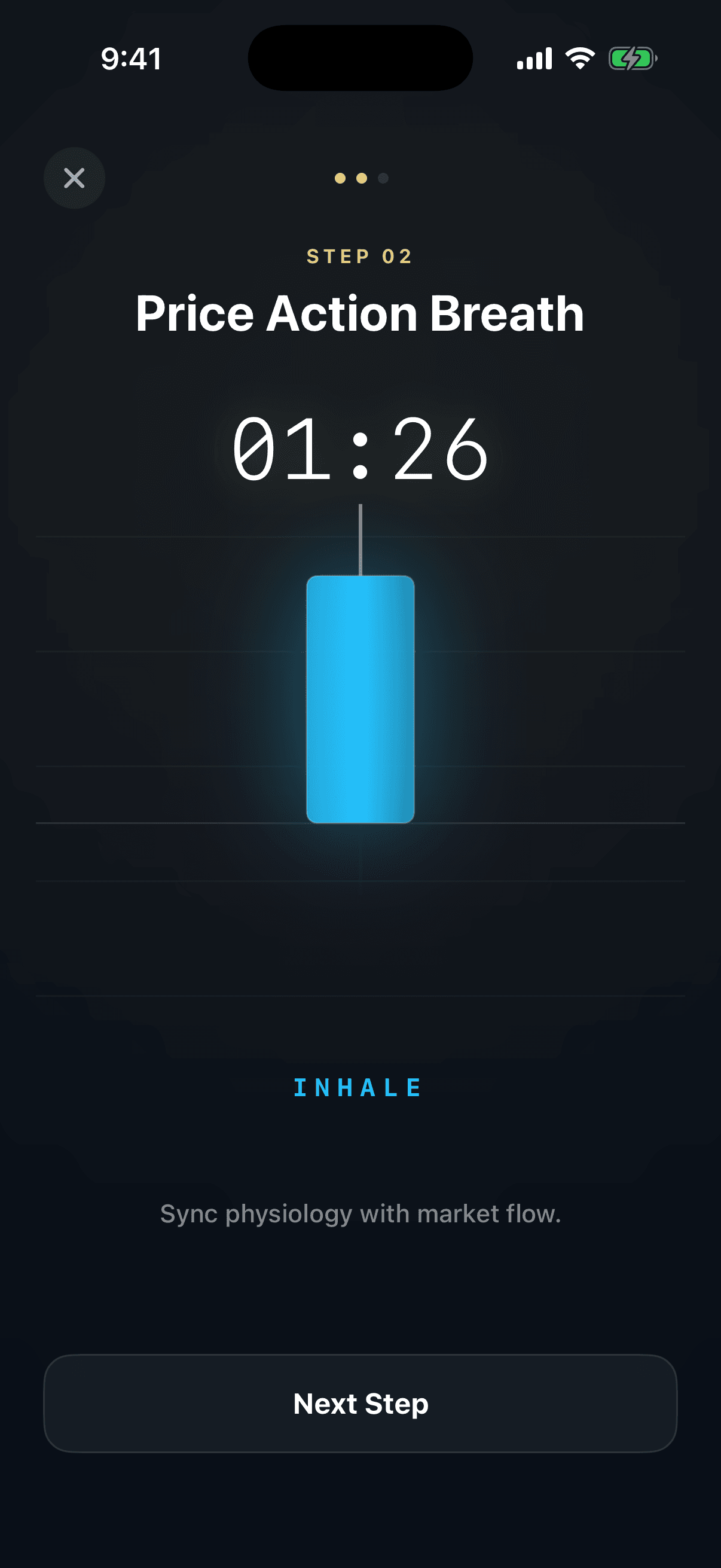 Guided breathing step with a glowing candlestick timer