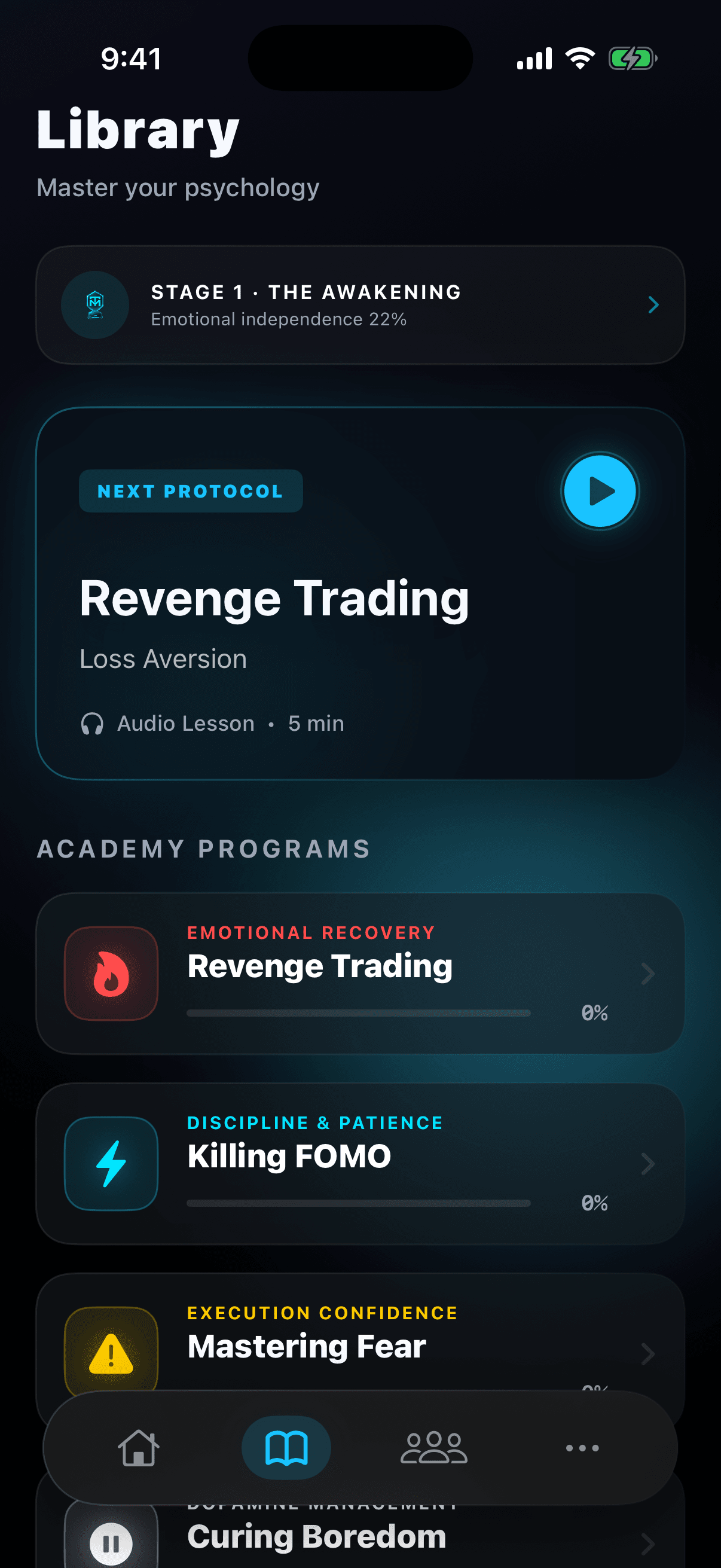 Programs tab: the next lesson and the lesson tracks